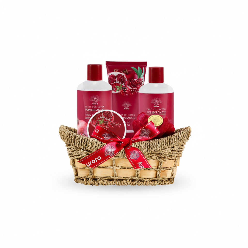 AURORA POMEGRANATE Basket Gift set 4ks: sprchový gel + tělové mléko + koupelová sůl + koupelová houba